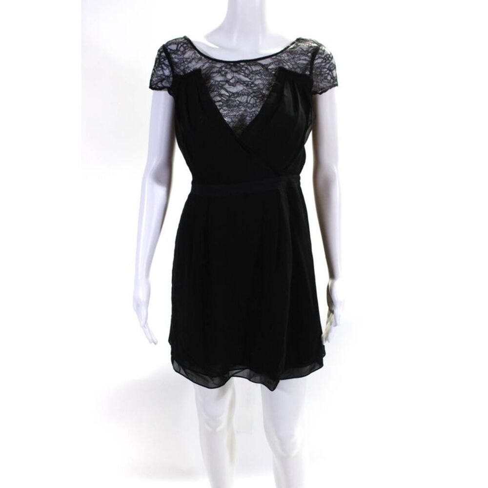 Designer Womens Scoop Neck Lace Solid Pleated Midi Dress Black Size Small